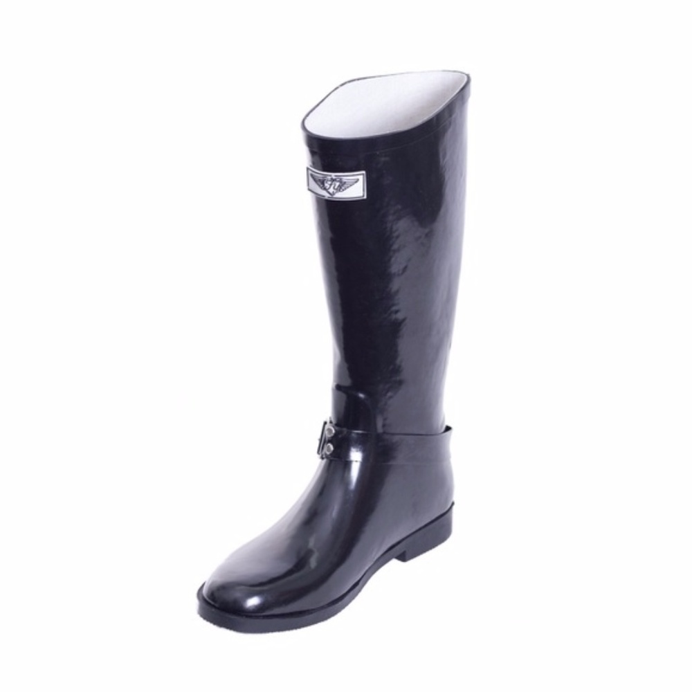 Women Rubber Rain Boots, Rider Style w/ Buckle Black Rainboots - Picture 2 of 3